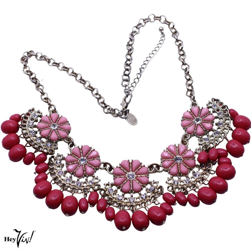 Charming Charlie Pink Floral Statement Bib Necklace Rhinestone 21" - Hey Viv